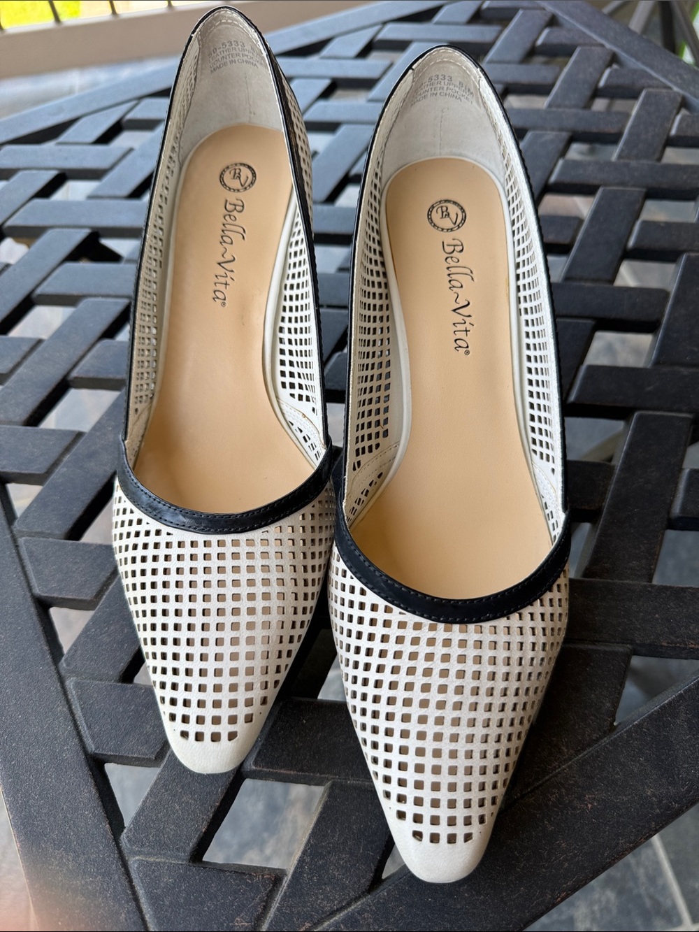 Bella Vita White Laser-Cut Pointed Toe Heels with Black Trim Accent